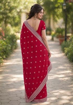 Pink Embroidered Georgette Saree Set