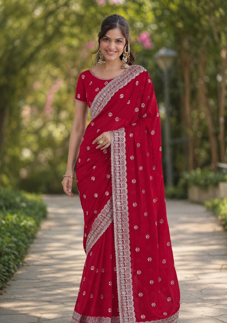Pink Embroidered Georgette Saree Set - Indya