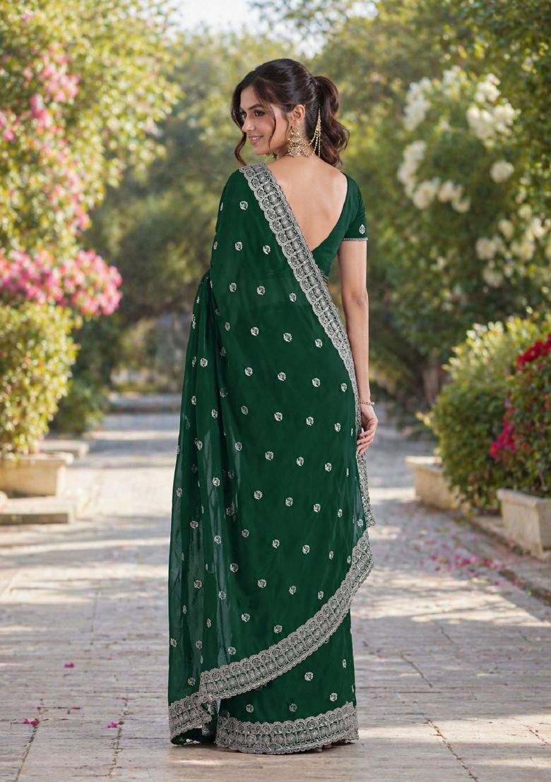 Green Embroidered Georgette Saree Set - Indya