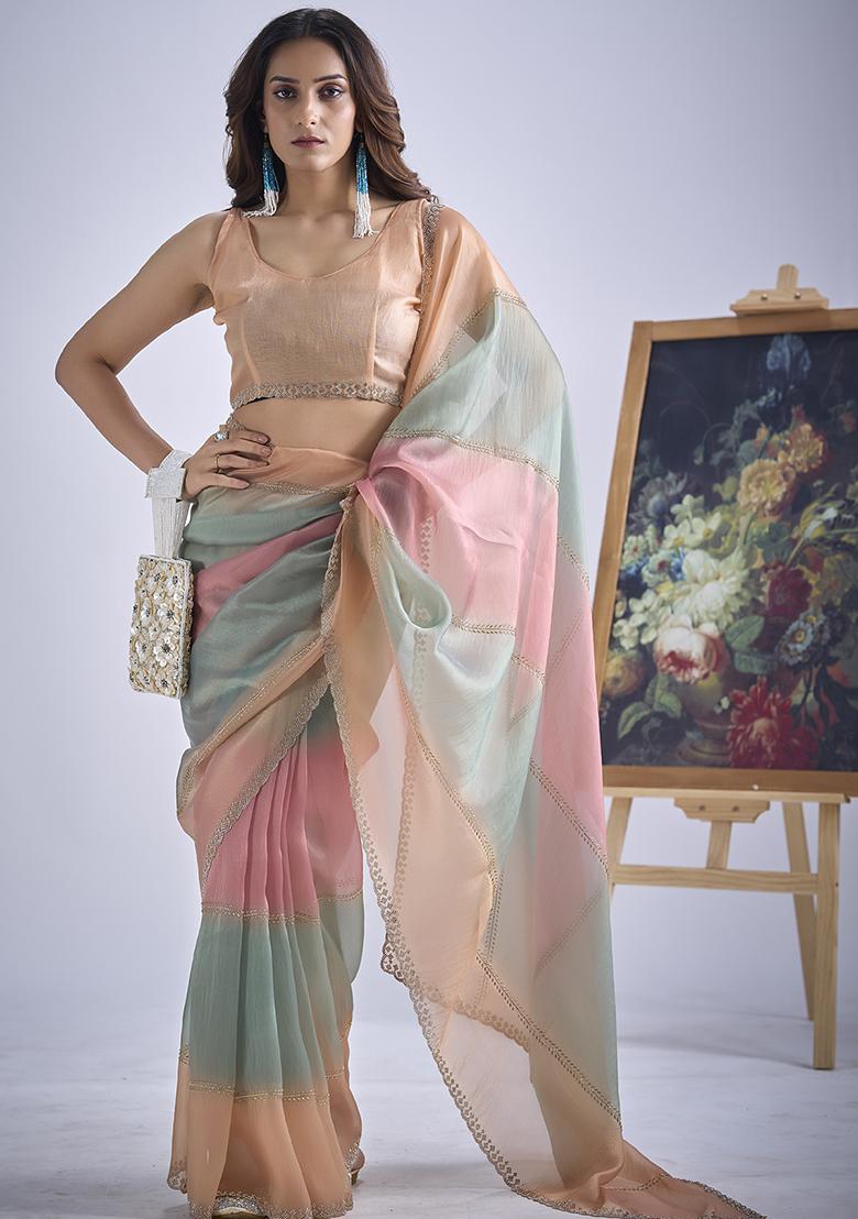 Multicolor Sequin Work Silk Blend Saree Set - Indya