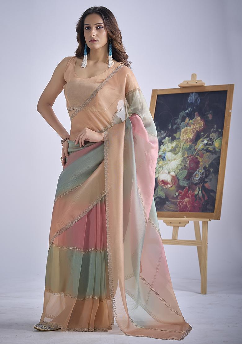 Multicolor Sequin Work Silk Blend Saree Set - Indya