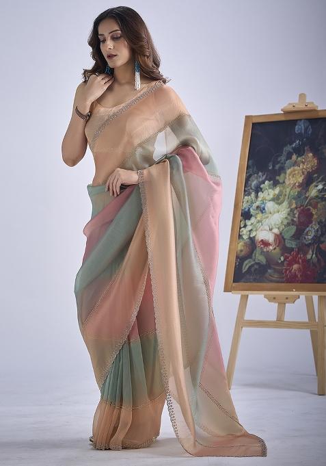 Multicolor Sequin Work Silk Blend Saree Set