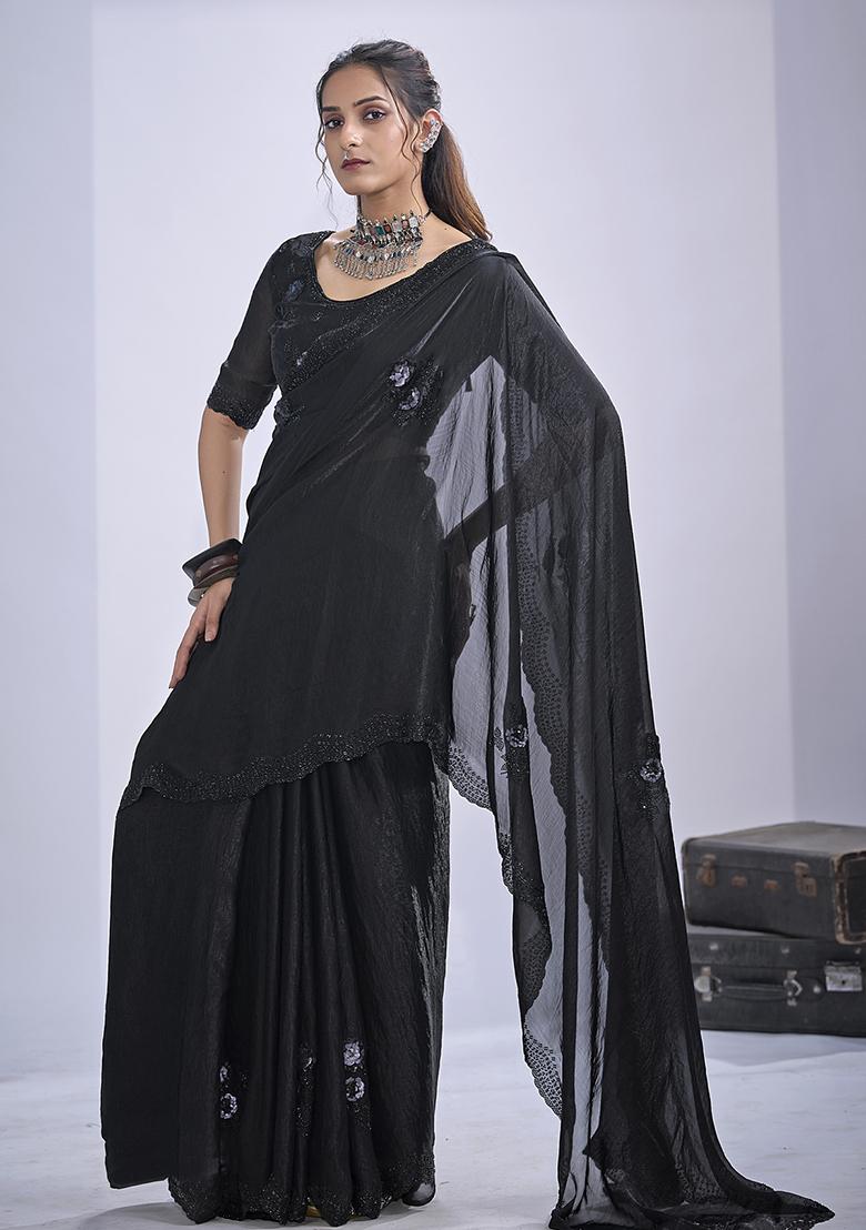 Black Sequin Embroidered Silk Blend Saree Set - Indya