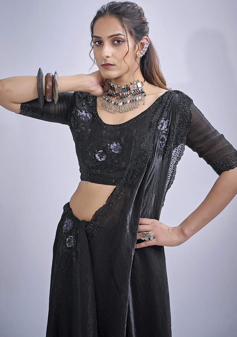 Black Sequin Embroidered Silk Blend Saree Set - Indya