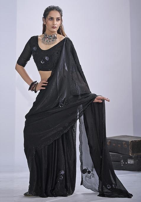 Black Sequin Embroidered Silk Saree Set
