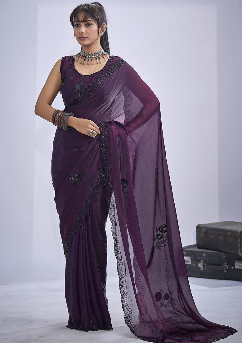 Purple Sequin Embroidered Silk Blend Saree Set - Indya