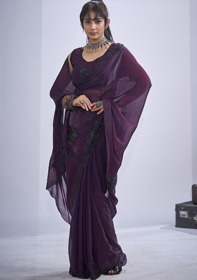 Purple Sequin Embroidered Silk Blend Saree Set - Indya