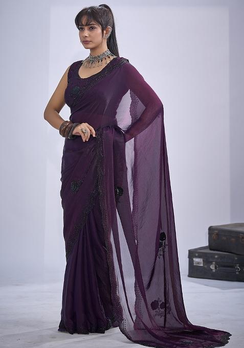 Purple Sequin Embroidered Silk Saree Set