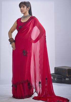 Magenta Sequin Embroidered Silk Blend Saree Set