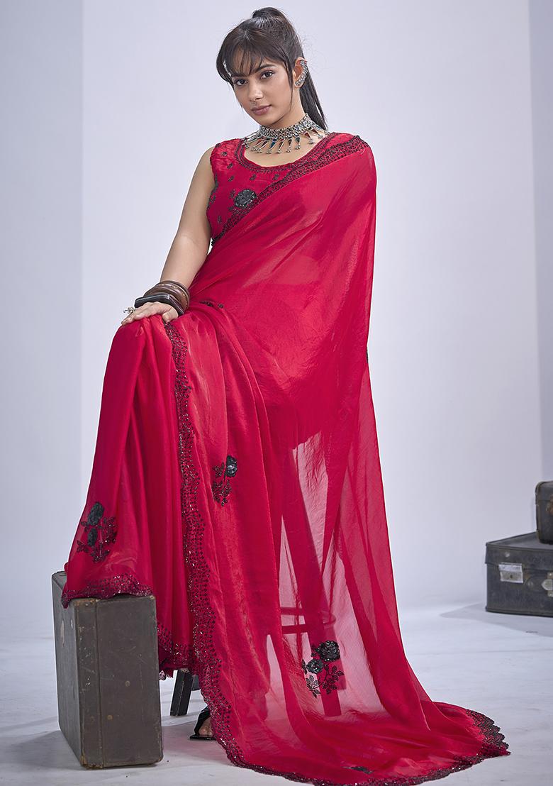 Magenta Sequin Embroidered Silk Blend Saree Set - Indya