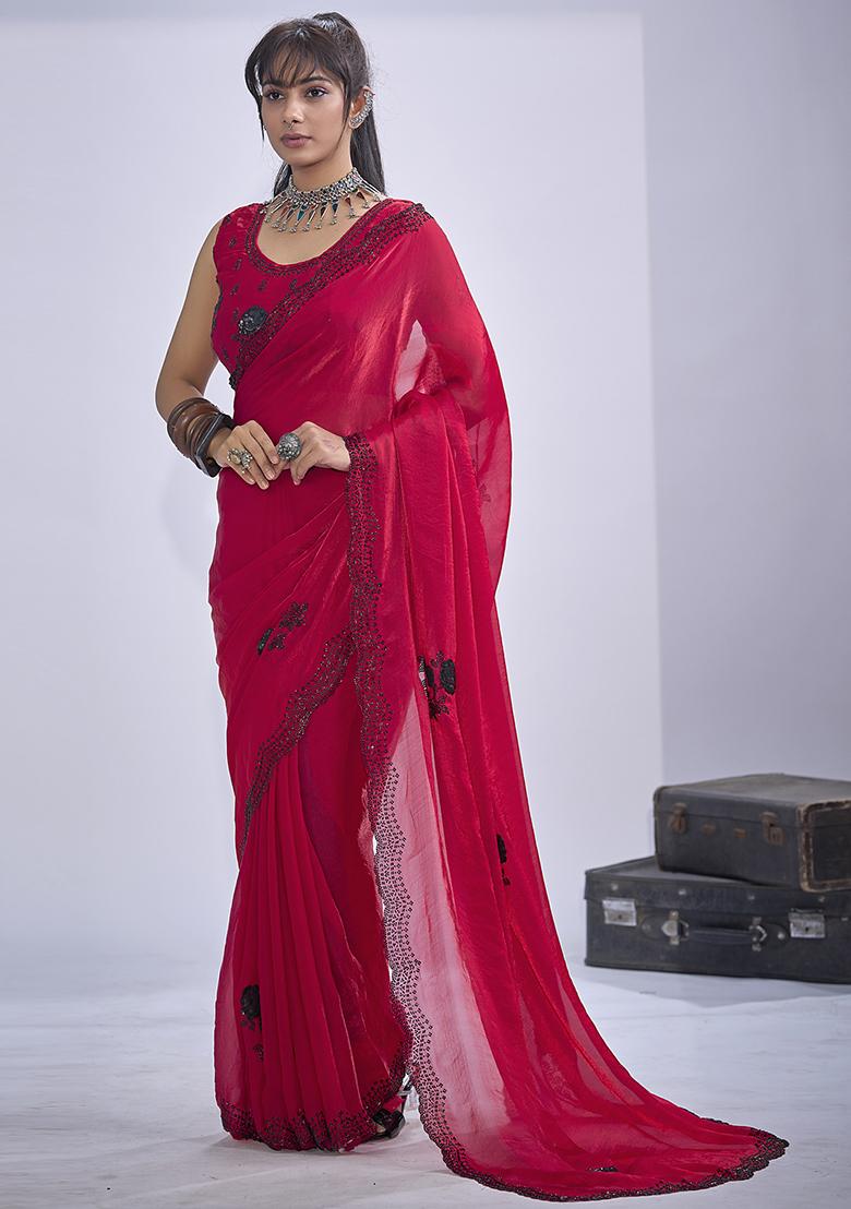 Magenta Sequin Embroidered Silk Blend Saree Set - Indya