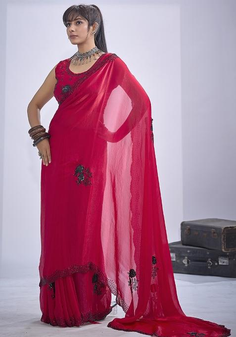 Magenta Sequin Embroidered Silk Saree Set