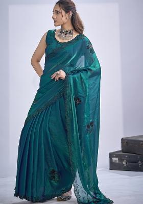 Teal Blue Sequin Embroidered Silk Blend Saree Set