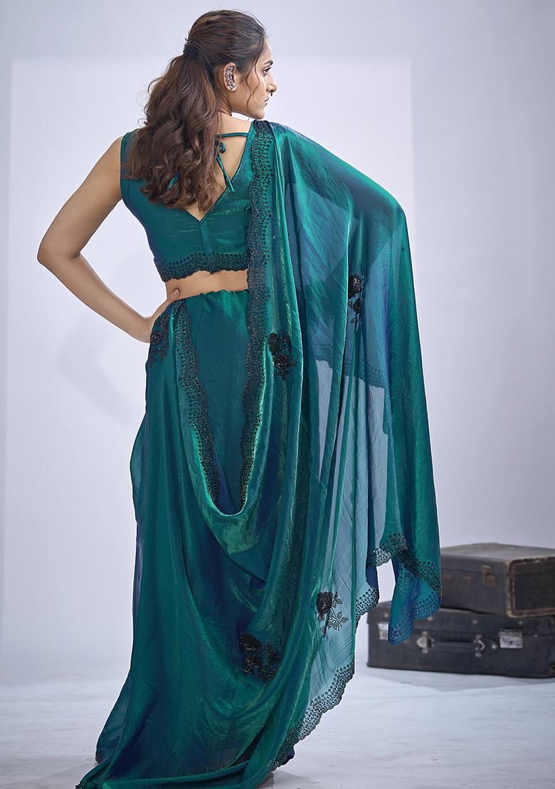 Teal Blue Sequin Embroidered Silk Blend Saree Set - Indya