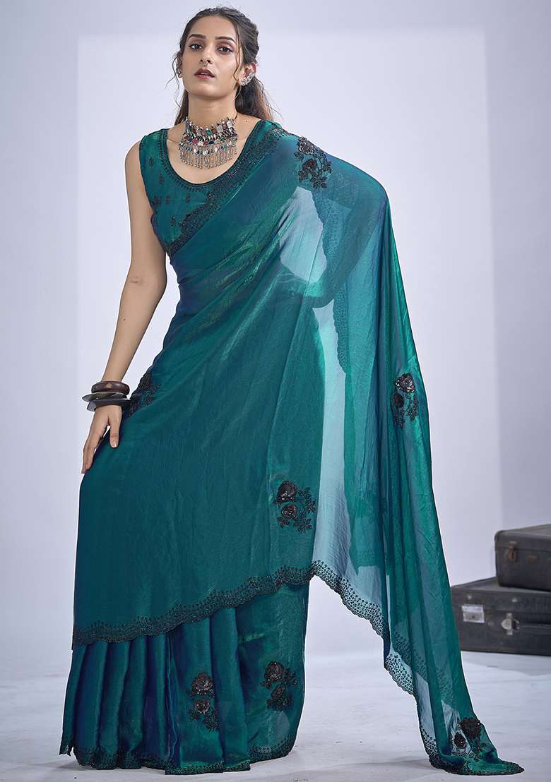 Teal Blue Sequin Embroidered Silk Blend Saree Set - Indya
