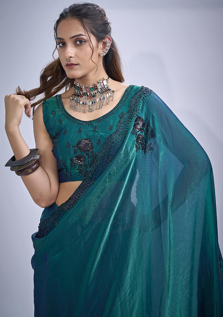 Teal Blue Sequin Embroidered Silk Blend Saree Set - Indya