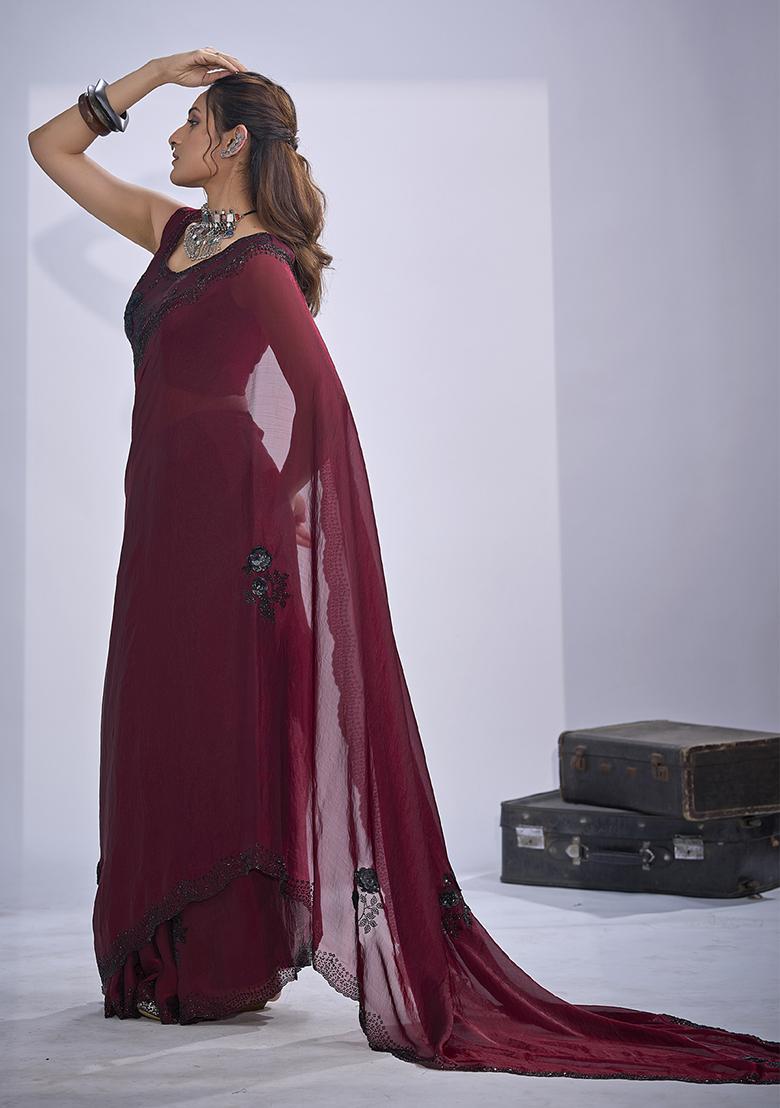 Maroon Sequin Embroidered Silk Blend Saree Set - Indya