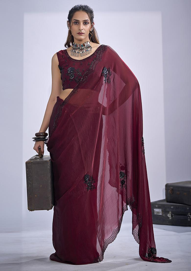 Maroon Sequin Embroidered Silk Blend Saree Set - Indya