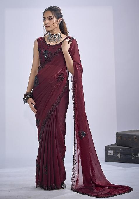 Maroon Sequin Embroidered Silk Saree Set