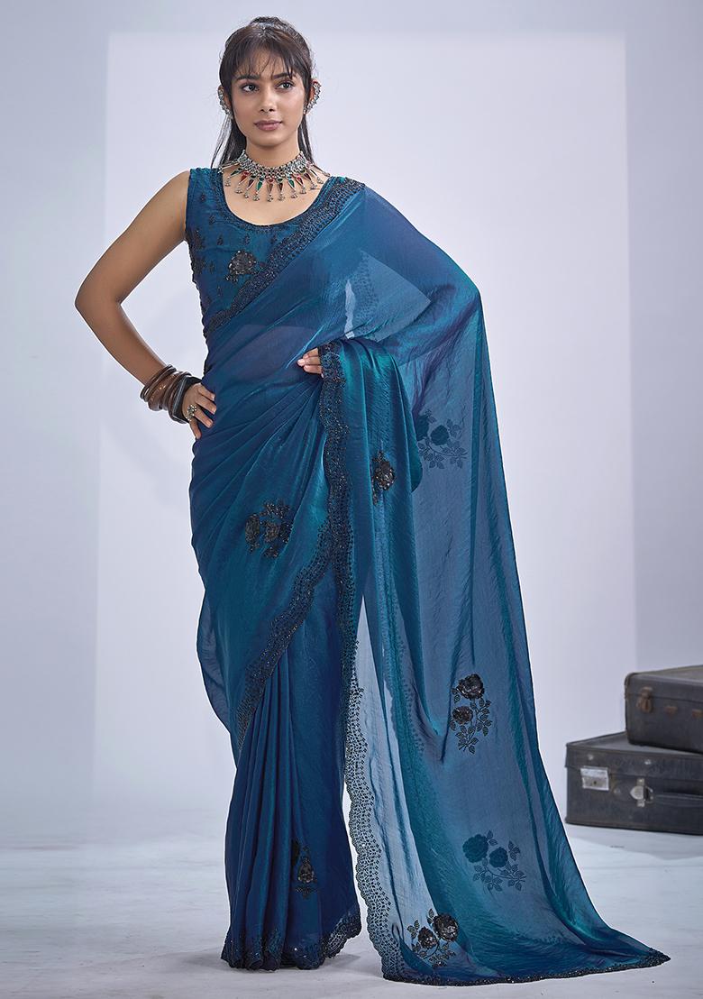 Blue Sequin Embroidered Silk Blend Saree Set - Indya
