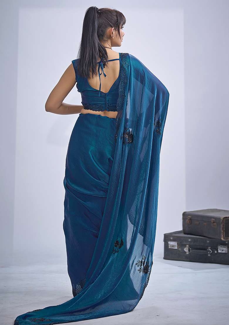 Blue Sequin Embroidered Silk Blend Saree Set - Indya