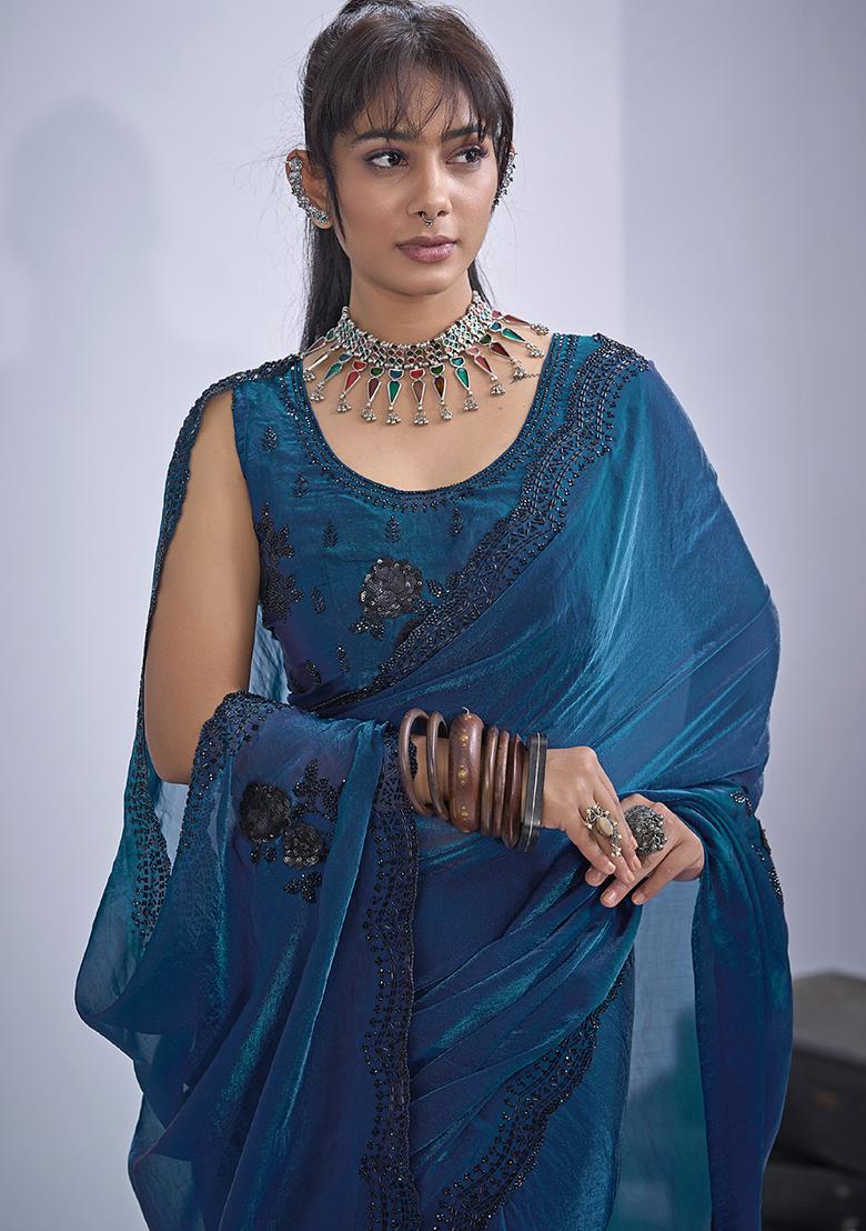 Blue Sequin Embroidered Silk Blend Saree Set - Indya