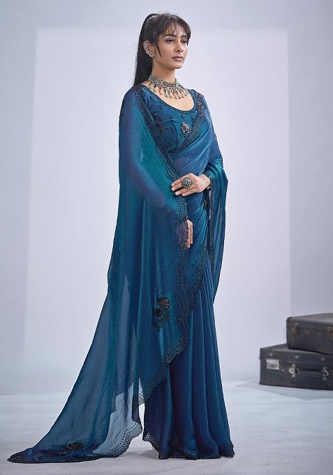 Blue Sequin Embroidered Silk Blend Saree Set