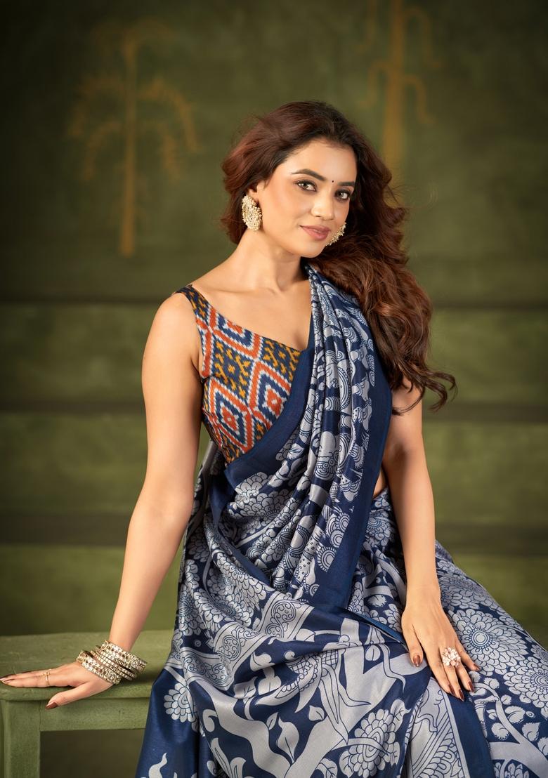 Navy Blue Printed Silk Blend Saree Set - Indya