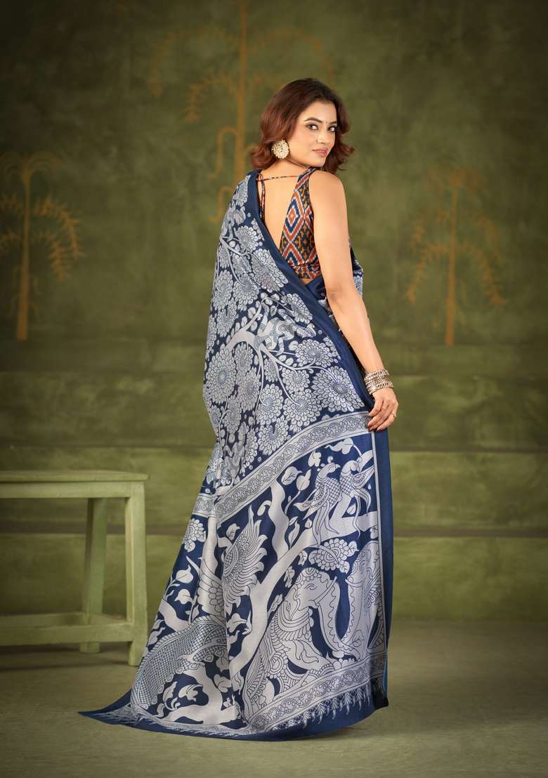 Navy Blue Printed Silk Blend Saree Set for Diwali and Festive Wear - Indya