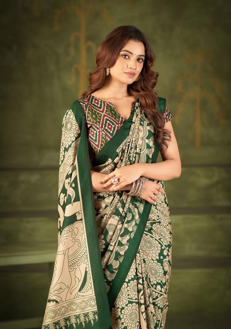 Green Printed Silk Blend Saree Set - Indya