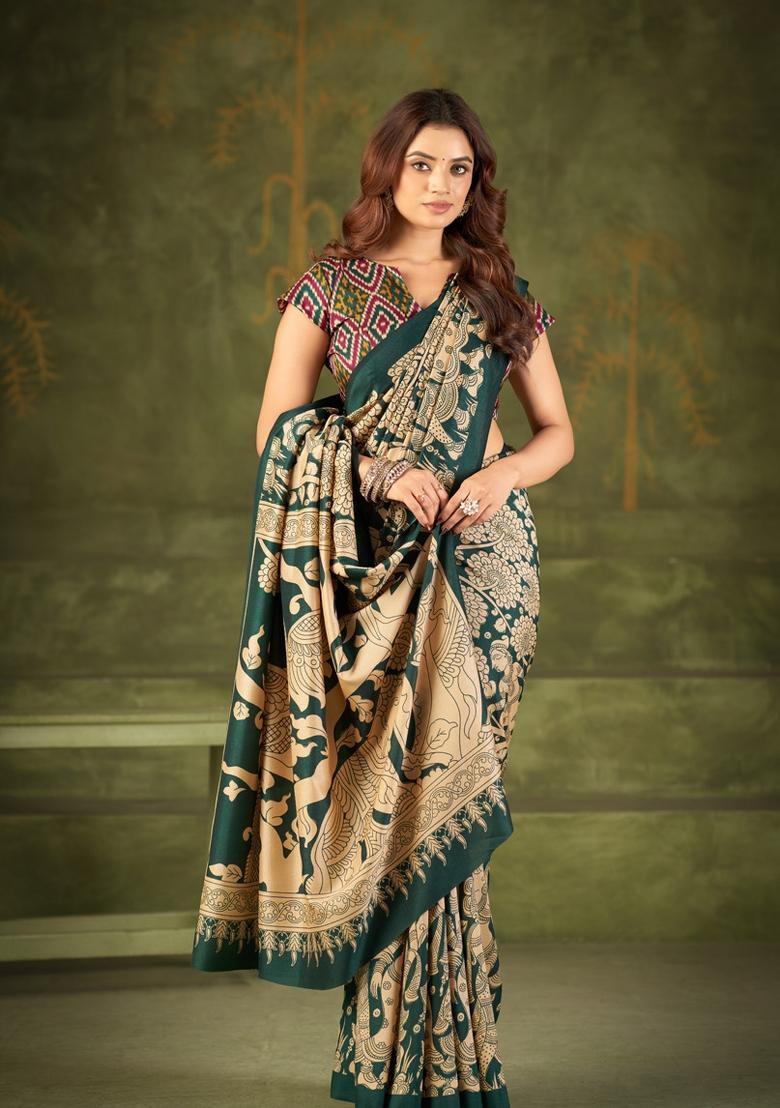 Green Printed Silk Blend Saree Set - Indya