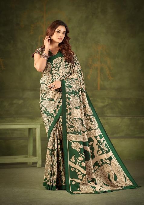 Green Printed Silk Blend Saree Set