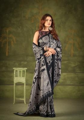 Black Printed Silk Blend Saree Set