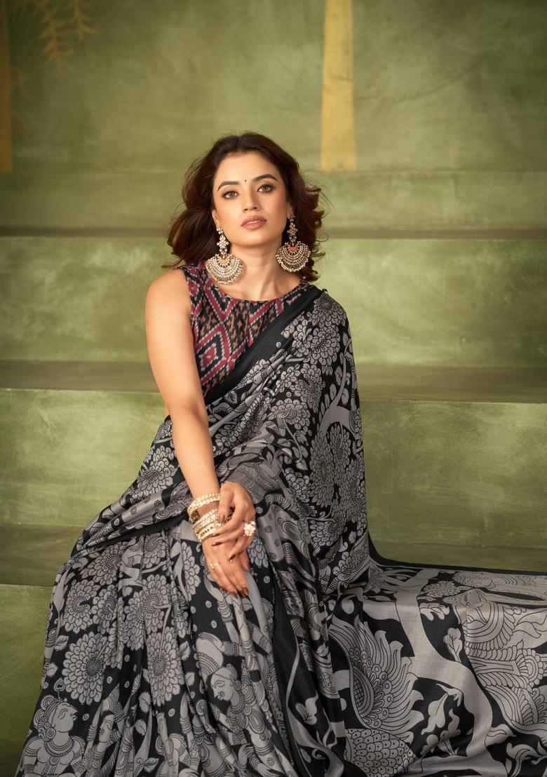 Black Printed Silk Blend Saree Set - Indya