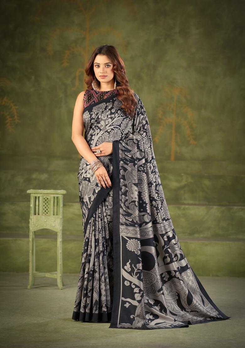 Black Printed Silk Blend Saree Set - Indya