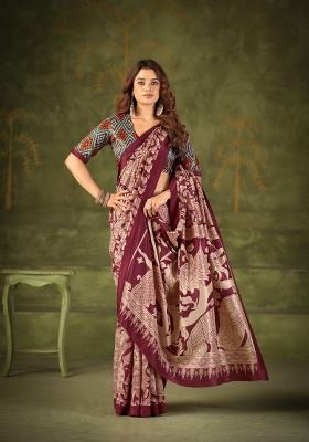 Maroon Printed Silk Blend Saree Set