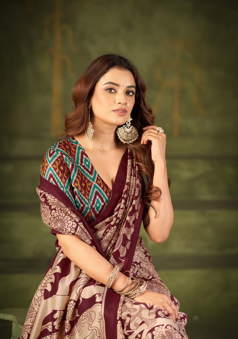 Maroon Printed Silk Blend Saree Set - Indya