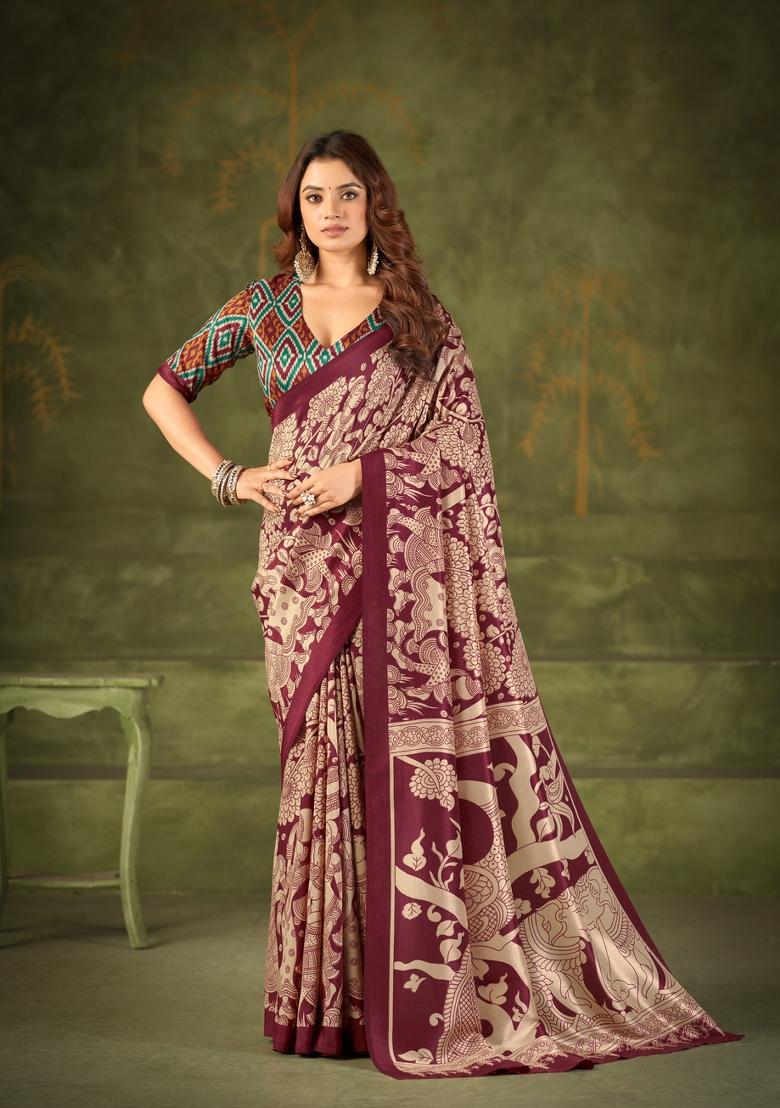 Maroon Printed Silk Blend Saree Set - Indya