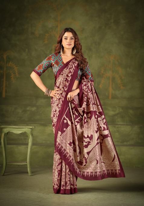 Maroon Printed Silk Blend Saree Set