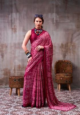 Magenta Pink Printed Silk Blend Saree Set