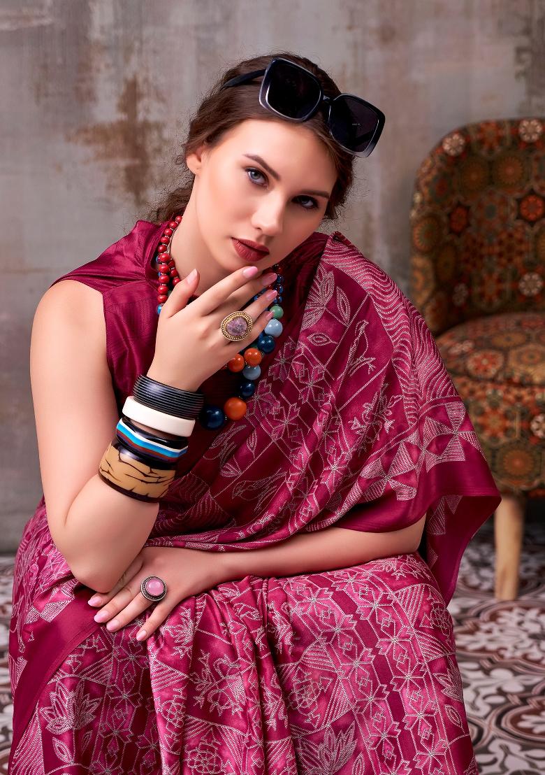 Magenta Pink Printed Silk Blend Saree Set - Indya