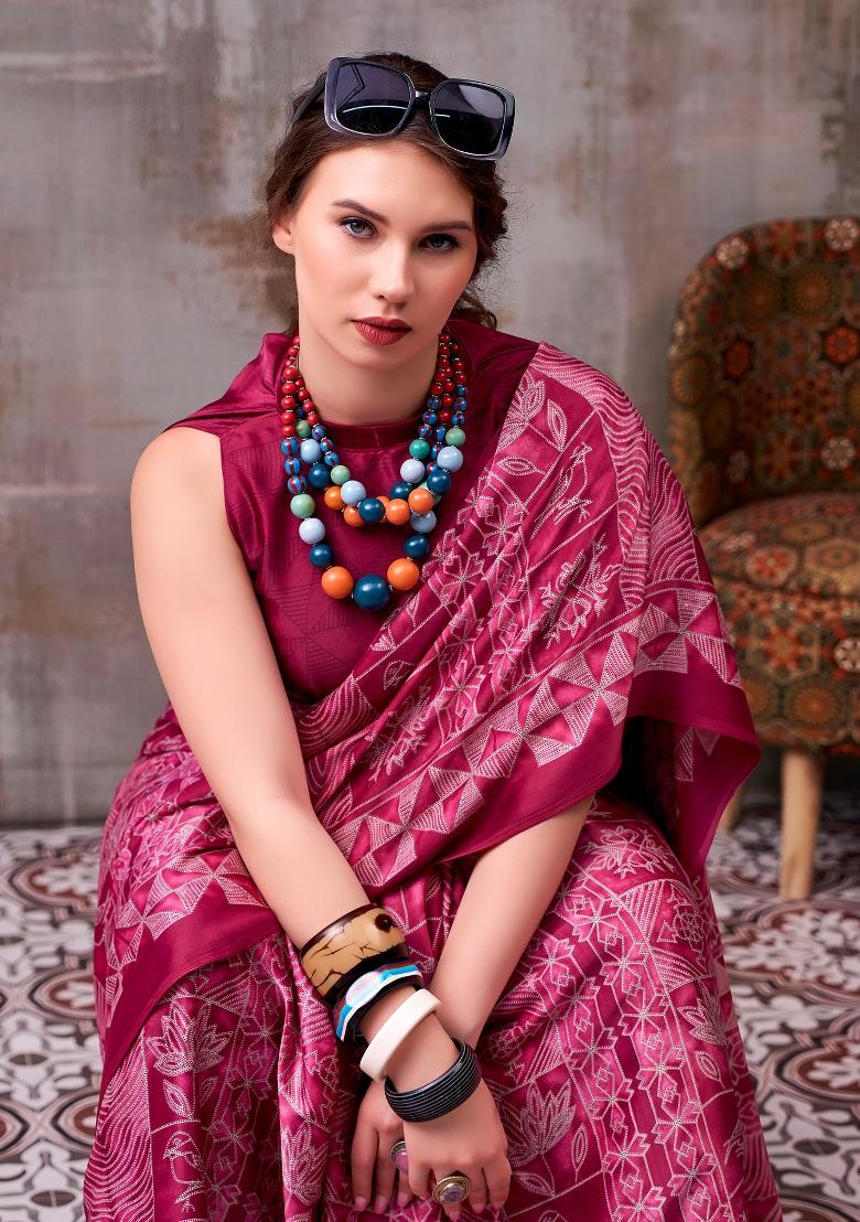 Magenta Pink Printed Silk Blend Saree Set - Indya