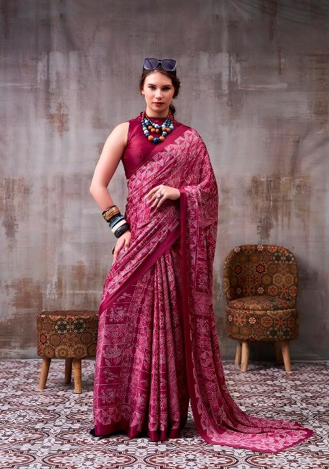 Magenta Pink Printed Silk Blend Saree Set