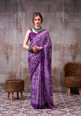 Lavender Printed Silk Blend Saree Set