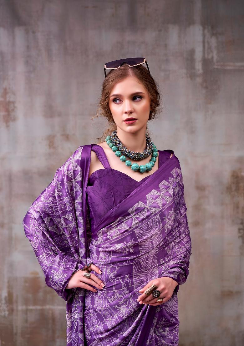 Lavender Printed Silk Blend Saree Set - Indya