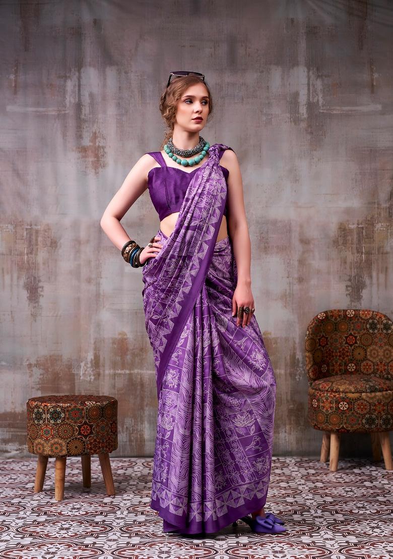 Lavender Printed Silk Blend Saree Set - Indya