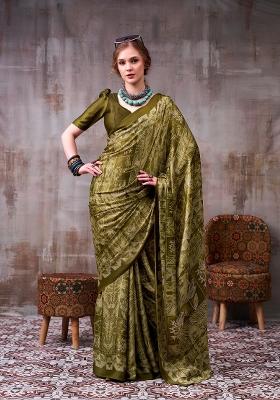 Mehendi Printed Silk Blend Saree Set