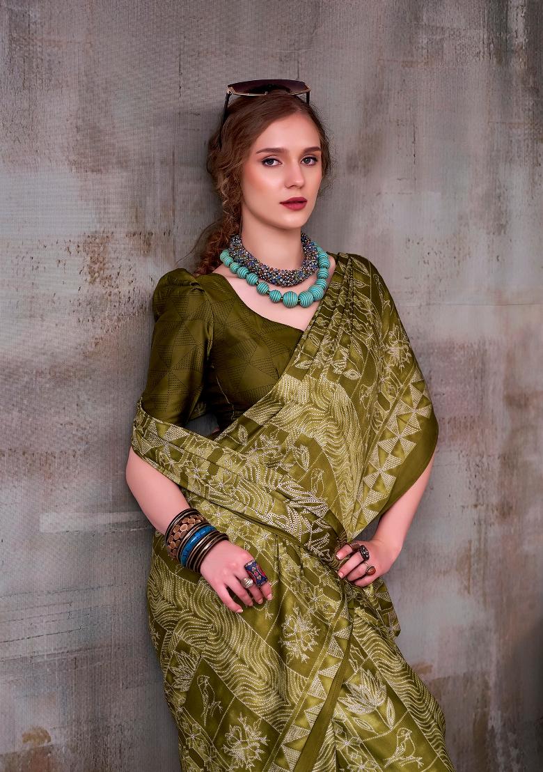 Mehendi Printed Silk Blend Saree Set - Indya