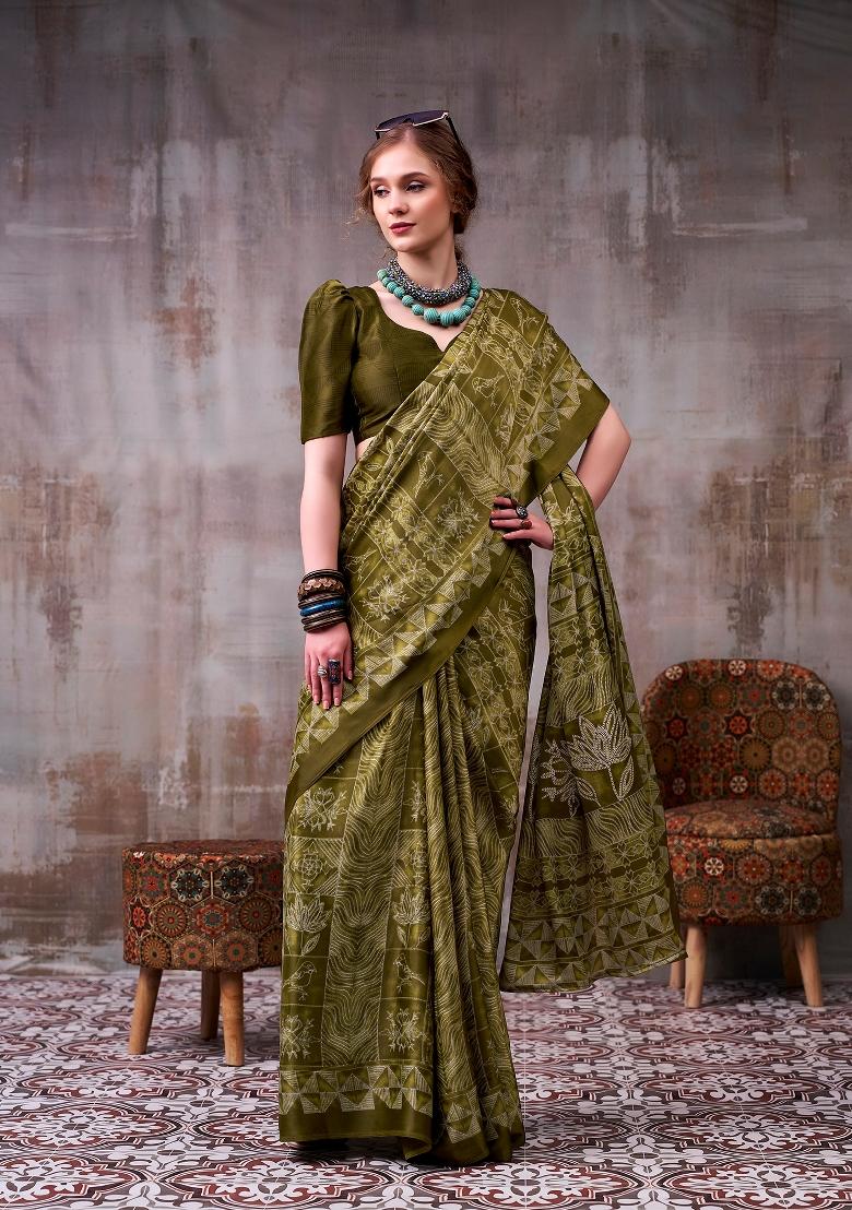 Mehendi Printed Silk Blend Saree Set - Indya