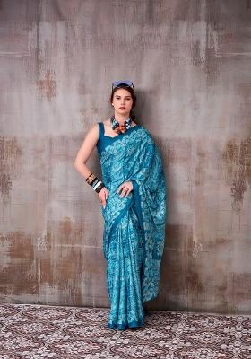 Sky Blue Printed Silk Blend Saree Set